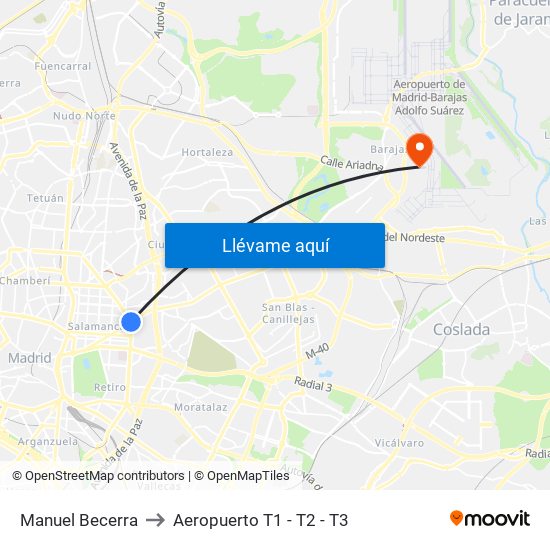 Manuel Becerra to Aeropuerto T1 - T2 - T3 map