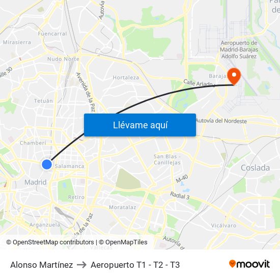 Alonso Martínez to Aeropuerto T1 - T2 - T3 map