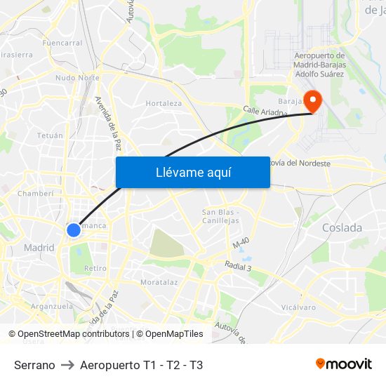 Serrano to Aeropuerto T1 - T2 - T3 map