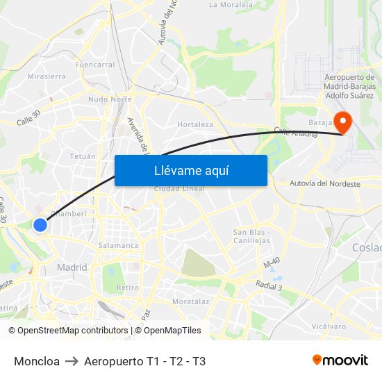 Moncloa to Aeropuerto T1 - T2 - T3 map