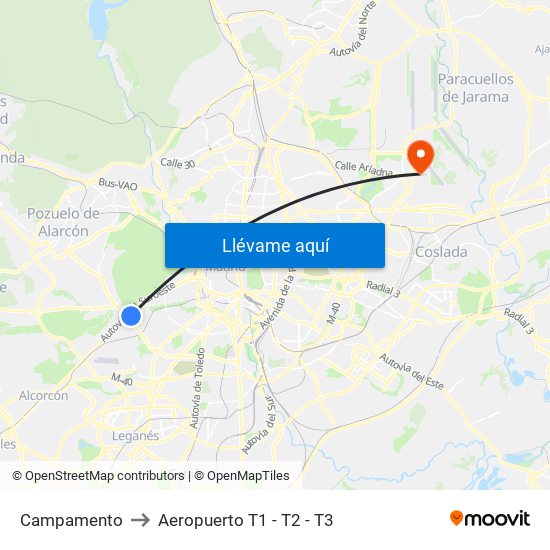 Campamento to Aeropuerto T1 - T2 - T3 map