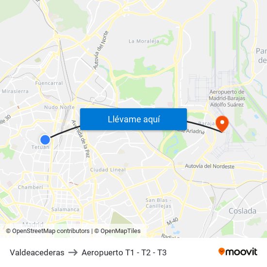 Valdeacederas to Aeropuerto T1 - T2 - T3 map