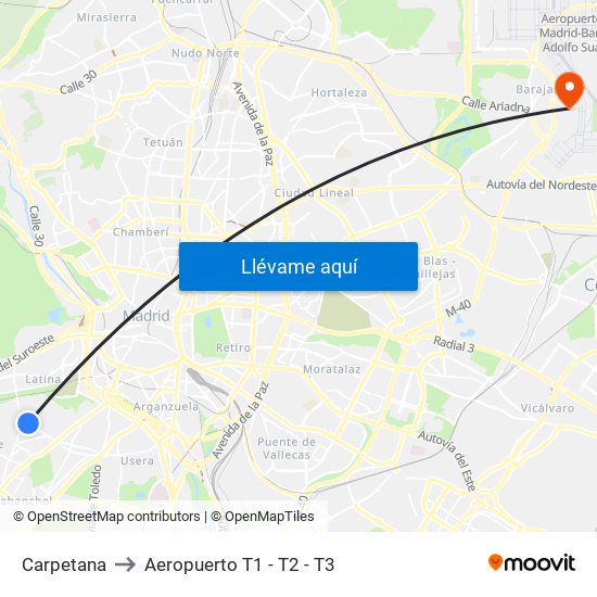Carpetana to Aeropuerto T1 - T2 - T3 map