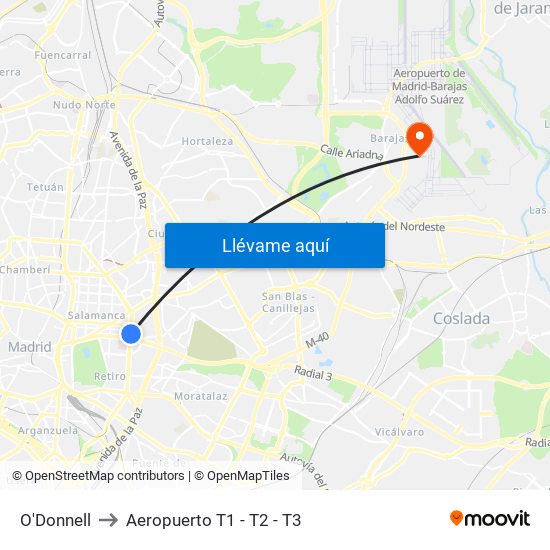 O'Donnell to Aeropuerto T1 - T2 - T3 map