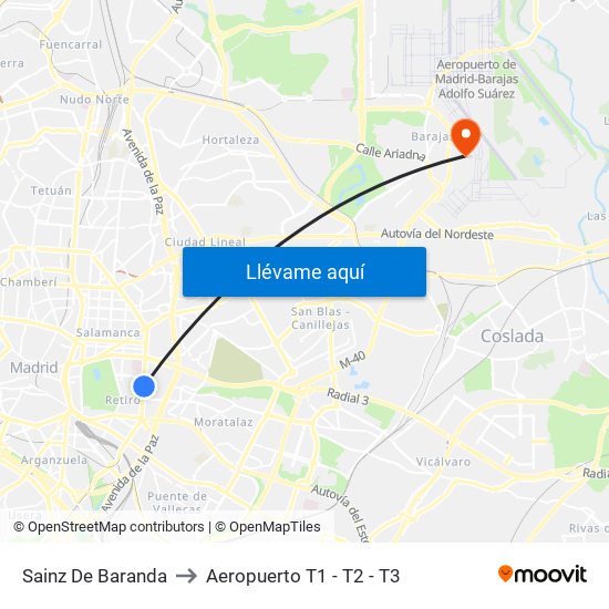 Sainz De Baranda to Aeropuerto T1 - T2 - T3 map