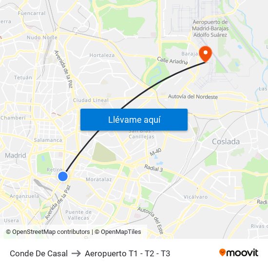 Conde De Casal to Aeropuerto T1 - T2 - T3 map