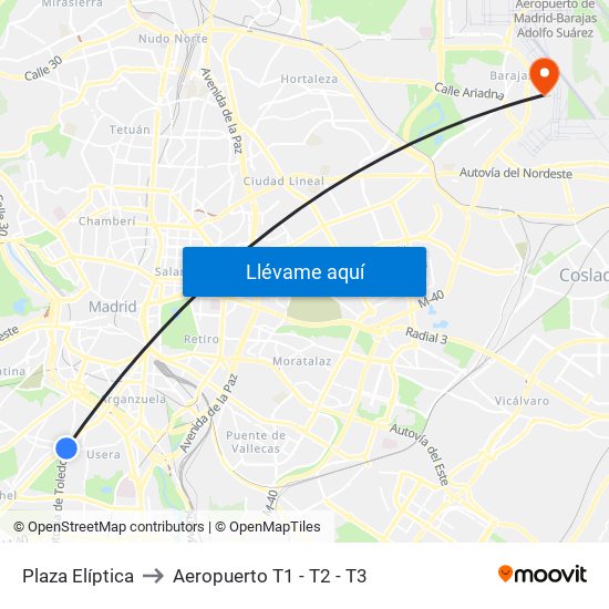 Plaza Elíptica to Aeropuerto T1 - T2 - T3 map