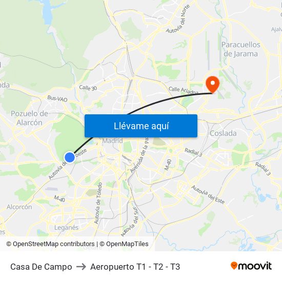 Casa De Campo to Aeropuerto T1 - T2 - T3 map