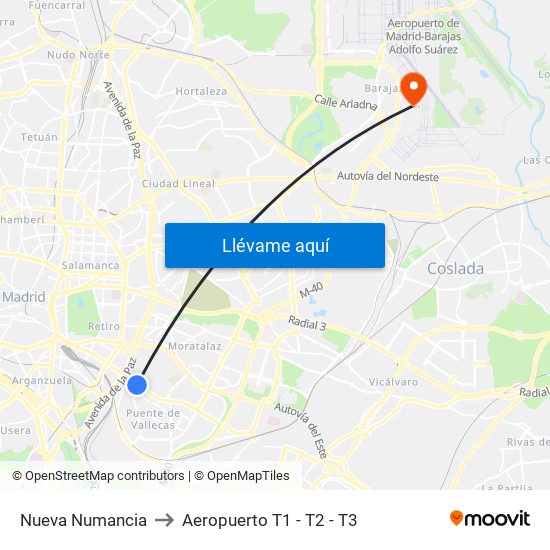 Nueva Numancia to Aeropuerto T1 - T2 - T3 map