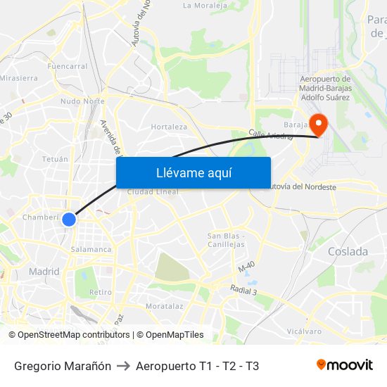 Gregorio Marañón to Aeropuerto T1 - T2 - T3 map