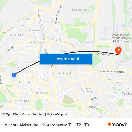 Vicente Aleixandre to Aeropuerto T1 - T2 - T3 map