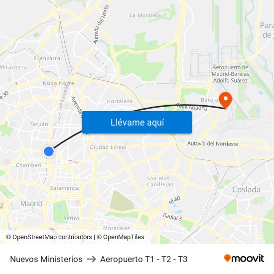Nuevos Ministerios to Aeropuerto T1 - T2 - T3 map
