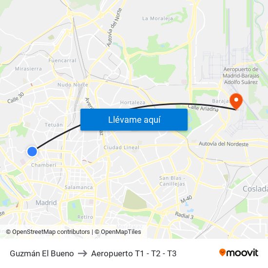 Guzmán El Bueno to Aeropuerto T1 - T2 - T3 map