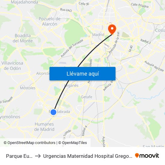 Parque Europa to Urgencias Maternidad Hospital Gregorio Marañón map