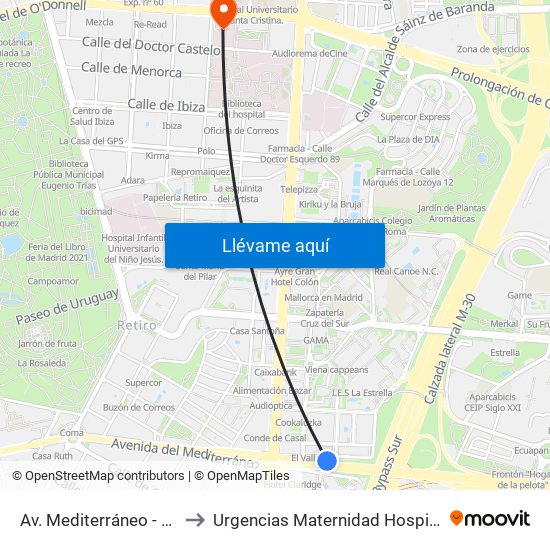 Av. Mediterráneo - Conde De Casal to Urgencias Maternidad Hospital Gregorio Marañón map