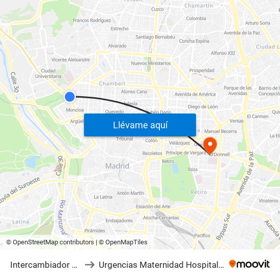 Intercambiador De Moncloa to Urgencias Maternidad Hospital Gregorio Marañón map