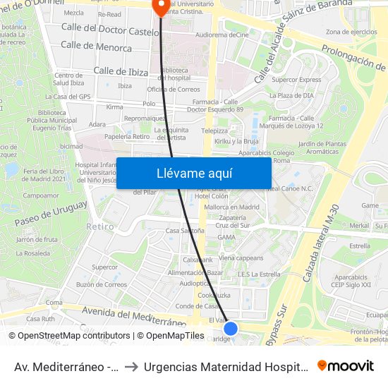 Av. Mediterráneo - Conde Casal to Urgencias Maternidad Hospital Gregorio Marañón map