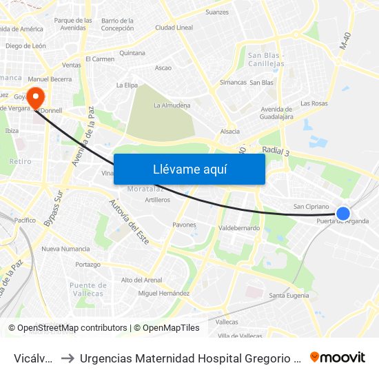 Vicálvaro to Urgencias Maternidad Hospital Gregorio Marañón map