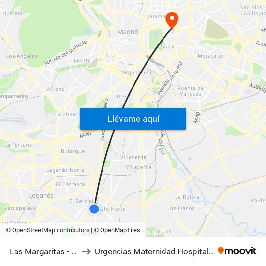 Las Margaritas - Universidad to Urgencias Maternidad Hospital Gregorio Marañón map