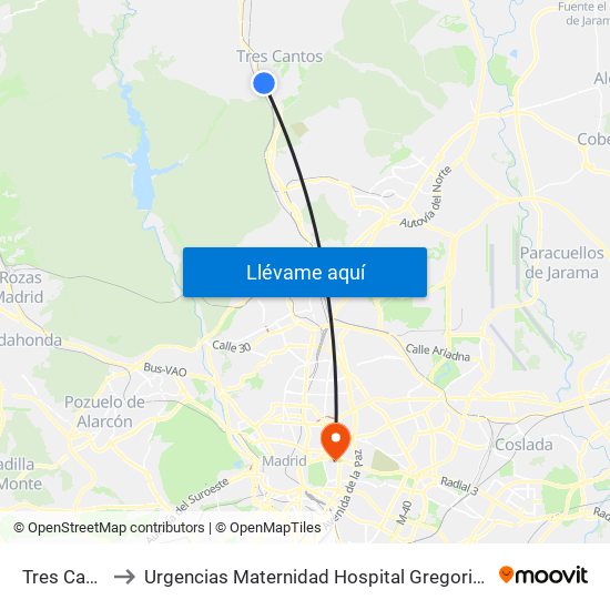 Tres Cantos to Urgencias Maternidad Hospital Gregorio Marañón map