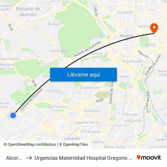 Alcorcón to Urgencias Maternidad Hospital Gregorio Marañón map