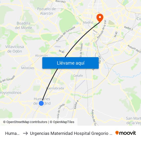 Humanes to Urgencias Maternidad Hospital Gregorio Marañón map