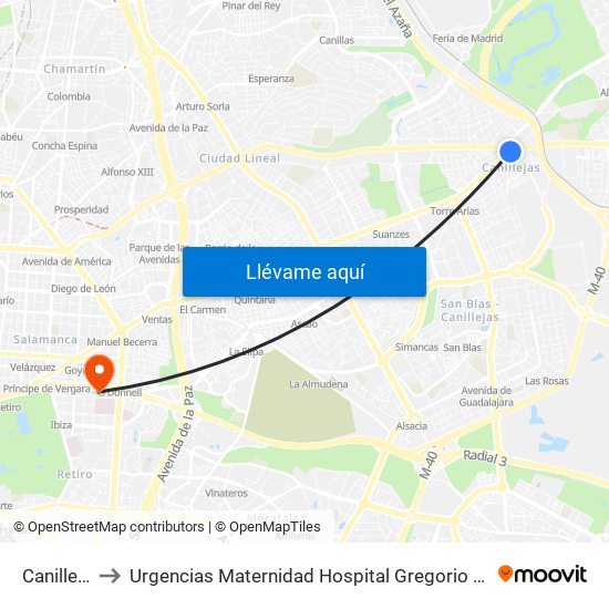 Canillejas to Urgencias Maternidad Hospital Gregorio Marañón map