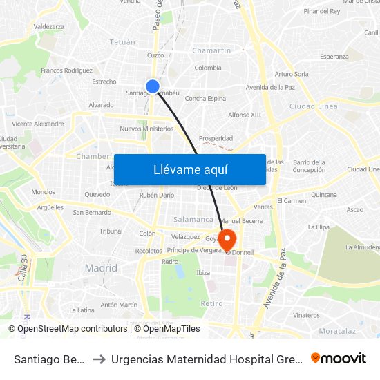 Santiago Bernabéu to Urgencias Maternidad Hospital Gregorio Marañón map