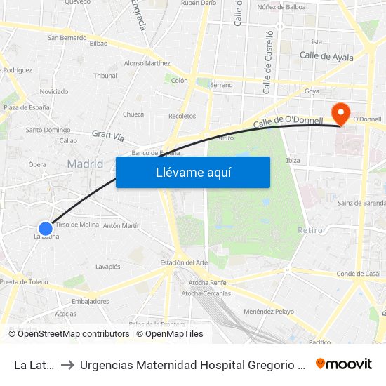 La Latina to Urgencias Maternidad Hospital Gregorio Marañón map