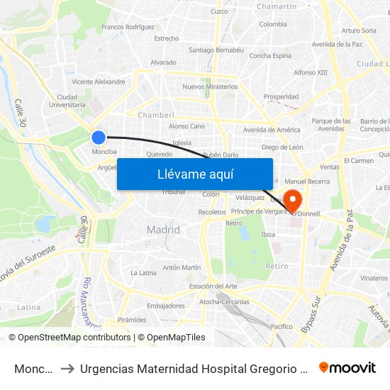 Moncloa to Urgencias Maternidad Hospital Gregorio Marañón map