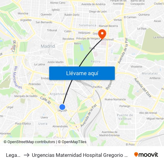 Legazpi to Urgencias Maternidad Hospital Gregorio Marañón map