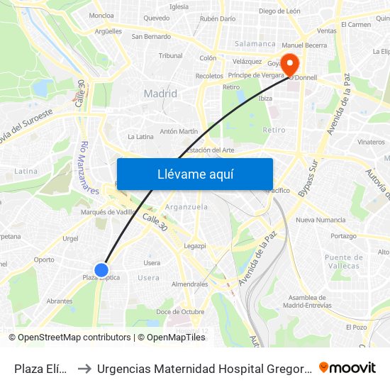 Plaza Elíptica to Urgencias Maternidad Hospital Gregorio Marañón map