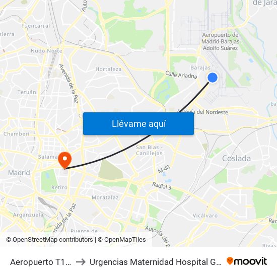 Aeropuerto T1 - T2 - T3 to Urgencias Maternidad Hospital Gregorio Marañón map