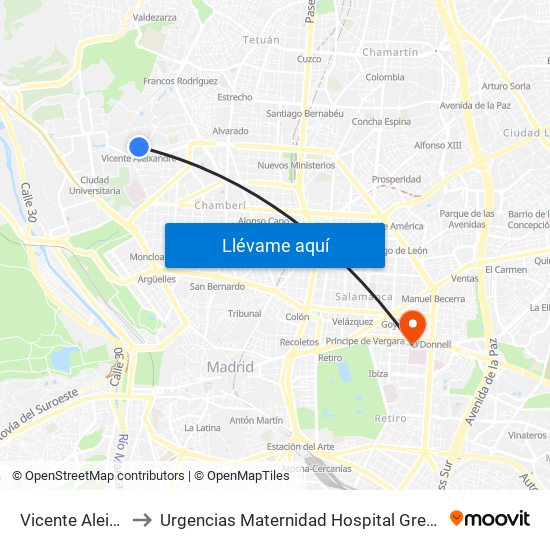 Vicente Aleixandre to Urgencias Maternidad Hospital Gregorio Marañón map