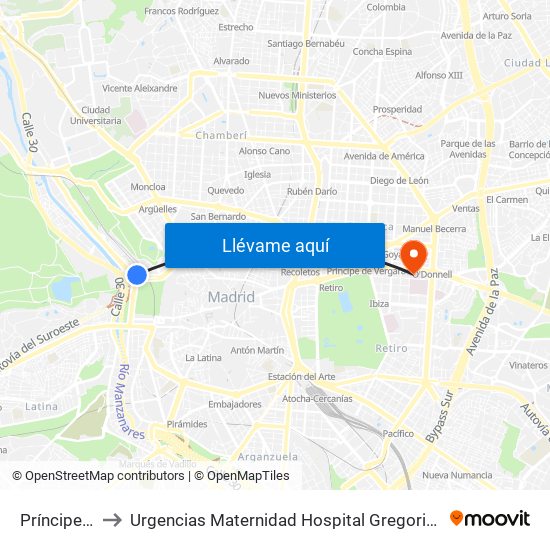 Príncipe Pío to Urgencias Maternidad Hospital Gregorio Marañón map