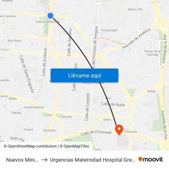 Nuevos Ministerios to Urgencias Maternidad Hospital Gregorio Marañón map