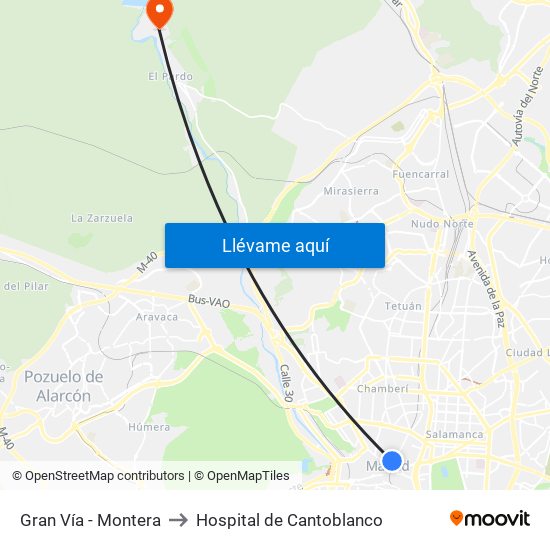 Gran Vía - Montera to Hospital de Cantoblanco map