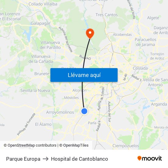 Parque Europa to Hospital de Cantoblanco map