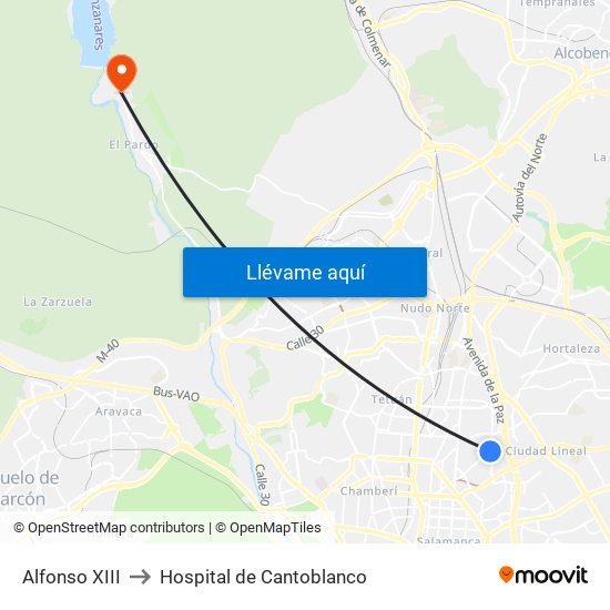 Alfonso XIII to Hospital de Cantoblanco map