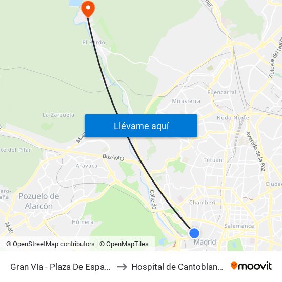 Gran Vía - Plaza De España to Hospital de Cantoblanco map