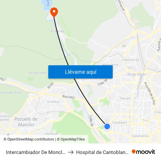 Intercambiador De Moncloa to Hospital de Cantoblanco map