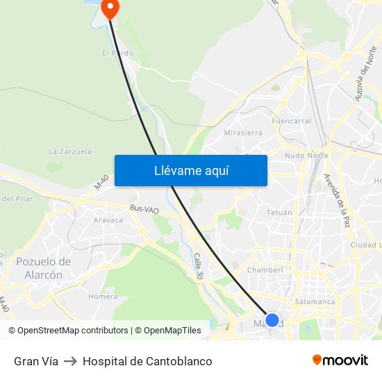 Gran Vía to Hospital de Cantoblanco map