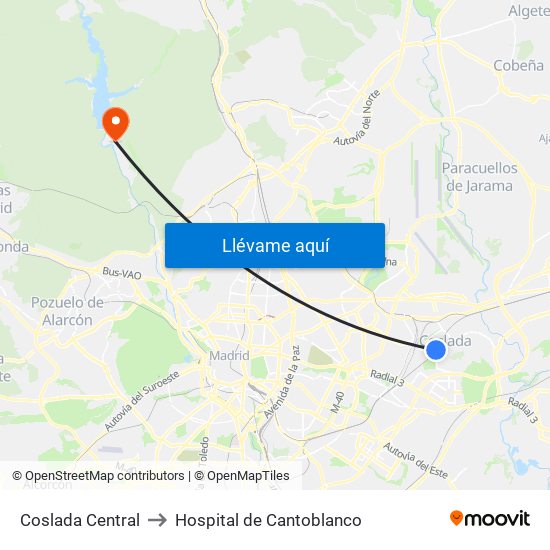 Coslada Central to Hospital de Cantoblanco map