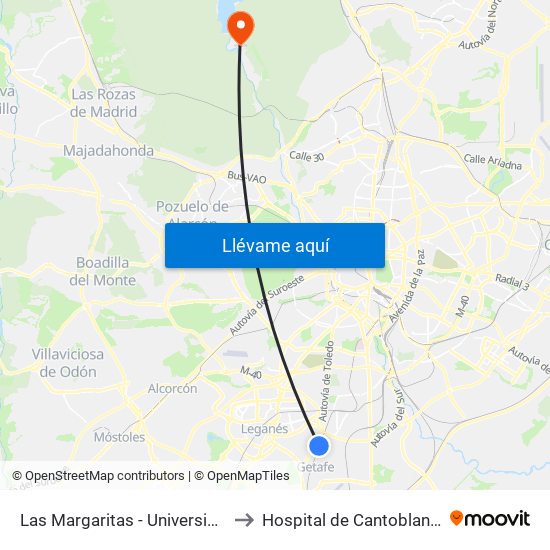 Las Margaritas - Universidad to Hospital de Cantoblanco map