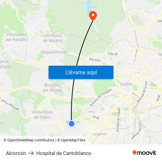 Alcorcón to Hospital de Cantoblanco map