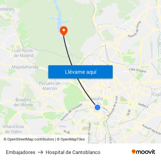 Embajadores to Hospital de Cantoblanco map