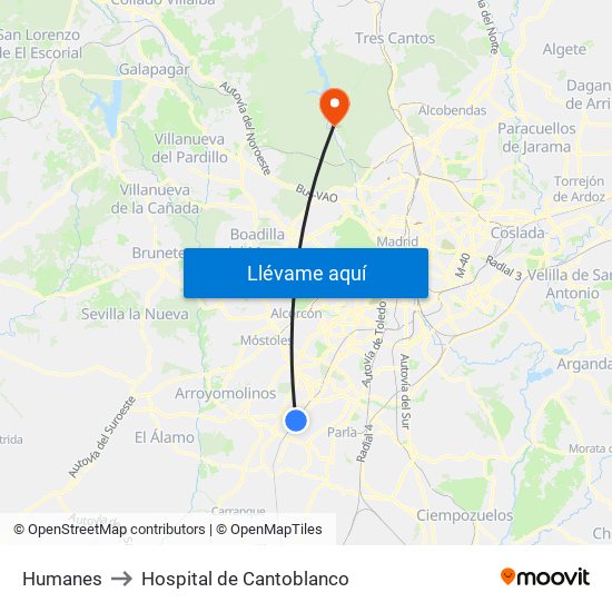 Humanes to Hospital de Cantoblanco map