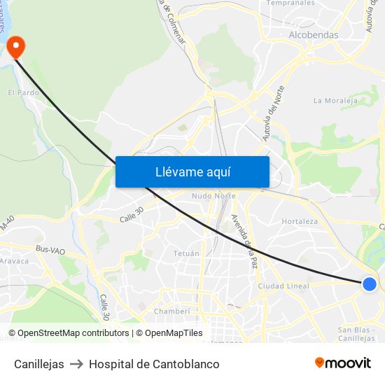 Canillejas to Hospital de Cantoblanco map