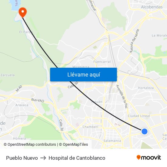 Pueblo Nuevo to Hospital de Cantoblanco map