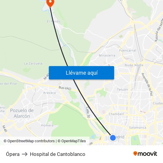 Ópera to Hospital de Cantoblanco map